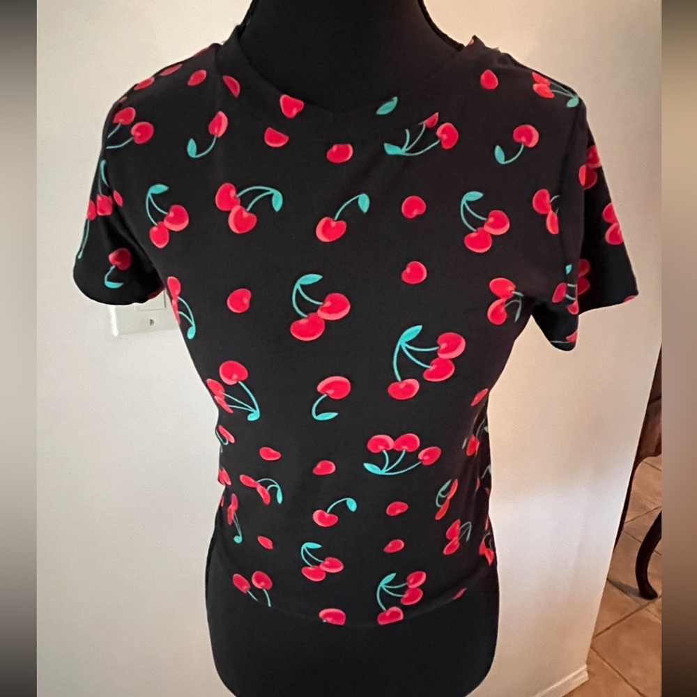 Cherry Print Black Women's Top stretchy and comfy
